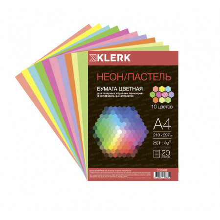 Бумага цветная А4 80г/м2 20л 10 цветов неон/пастель KLERK 230940 1 Бумага цветная А4 80г/м2 20л 10 цветов неон/пастель KLERK 230940