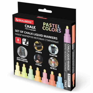 Маркеры меловые CHALK LIQUID MARKER, ПАСТЕЛЬ, НАБОР 8 ЦВЕТОВ, 3 мм, стираемые, BRAUBERG CHALK , 152598